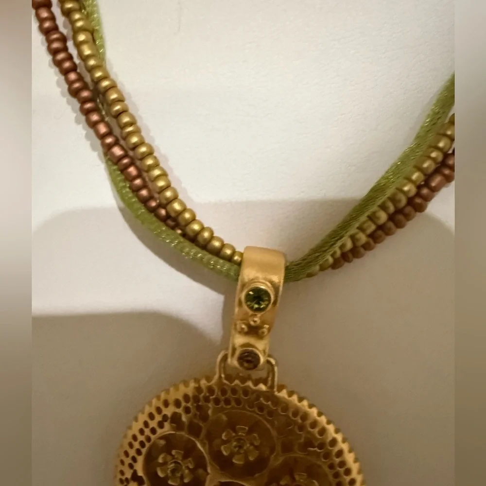 Premier Designs Gold Tone Faux Peridot Multi Strand Beaded Necklace